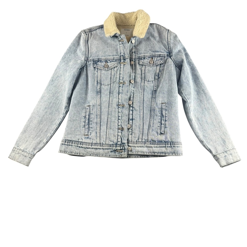 Old Navy Womens Small Blue Acid Wash Denim Sherpa Borg Collar Trucker Jacket